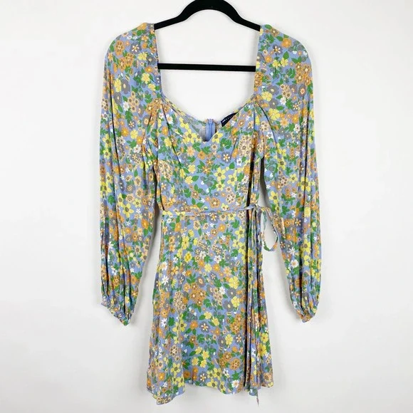 ASOS DESIGN Square Neck Long Sleeve Floral Print Mini Dress Women's Size 6 - Picture 1 of 7